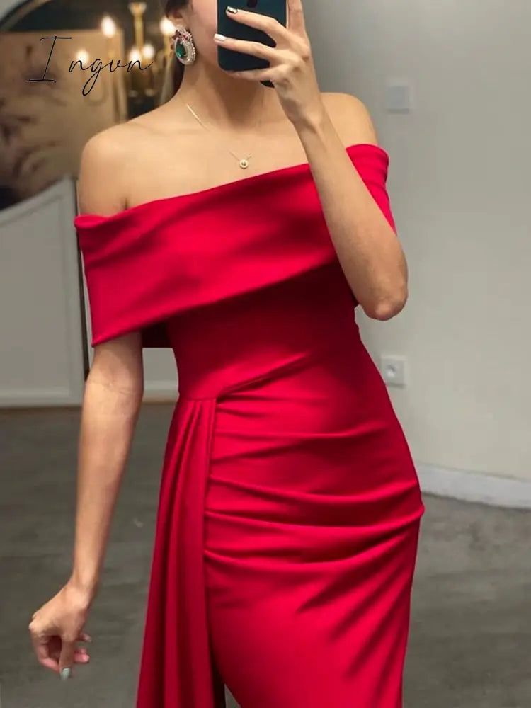 Ingvn - White Off Shoulder Stretch Evening Night Party Dress Side Trains Floor Length Slash Neck Fromal Party Gown Red Black