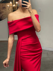 Ingvn - White Off Shoulder Stretch Evening Night Party Dress Side Trains Floor Length Slash Neck Fromal Party Gown Red Black