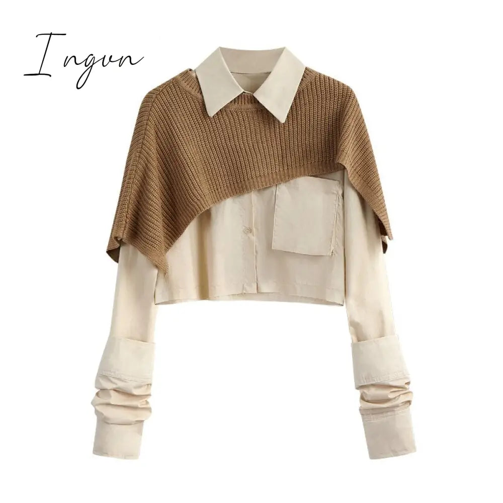 Ingvn - Spring Autumn Fashion Women Two Pieces Sets Long Sleeve Short Blouse Shirt + Solid Knitted Pullover Crop Shawl Sweater Female Tops