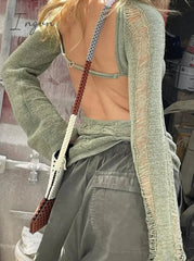 Ingvn - Y2K Knitted Tassel Women Backless Hollow Out Long Sleeve T Shirt Sexy Party Club Casual Beach Outfits Tee Top 2023 Summer