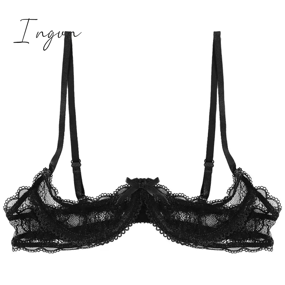 Ingvn - Women See Through Sheer Lace Hollow Out Lingerie Adjustable Spaghetti Shoulder Straps Open Cups Bra Push Up Underwire Bra Tops