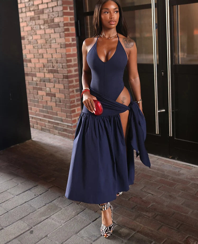 Fashion Solid Women 2 Piece Set Classic V-neck Camis Bodysuits+Tied Split Ruffle Maxi Skirt Mujer Matching Holiday Outfits