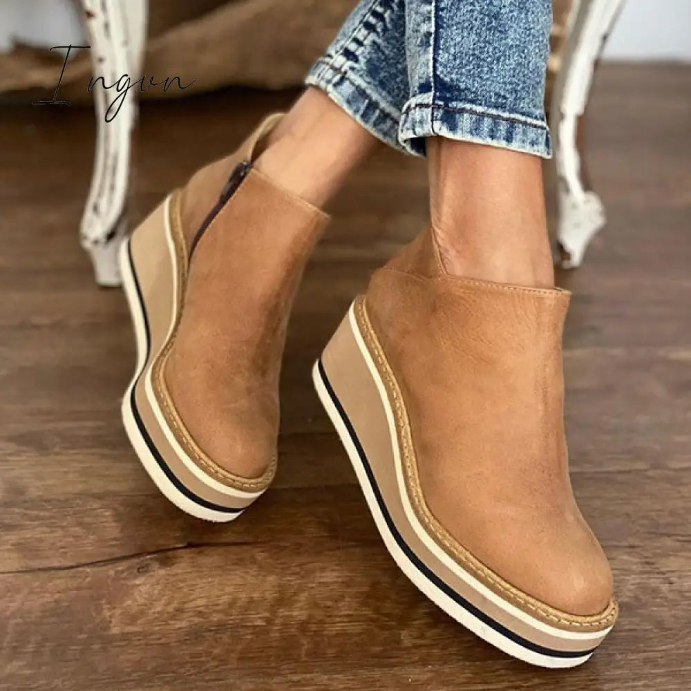 Ingvn - Women Solid Color Wedge Ankle Boots