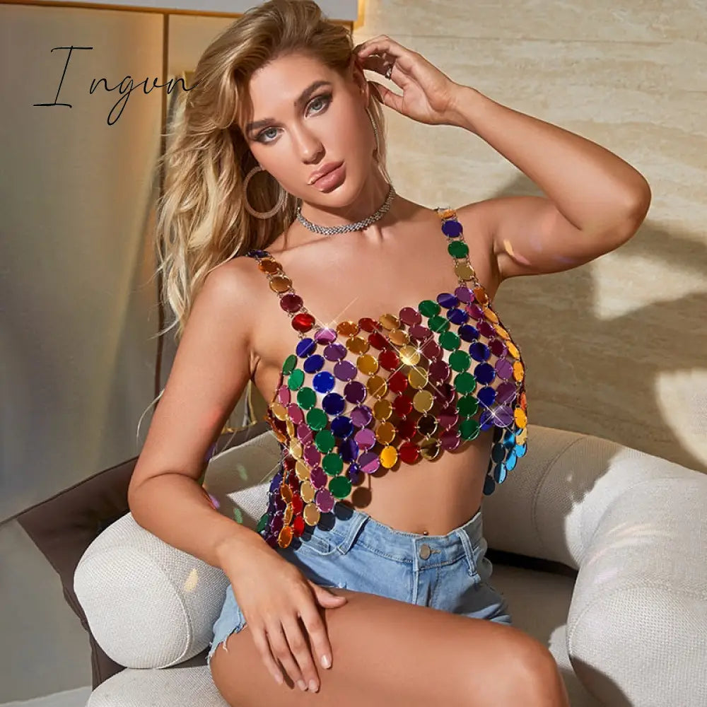 Ingvn - Leqoel Women Sequined Tank Tops for Women Fashion Female Clothing Shiny Metal Shoulder Strap Sexy Backless Mesh Crop Top