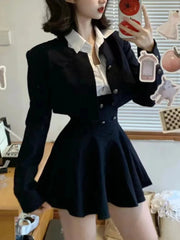 Voguable  Y2K 3 Piece Set Women Cropped Coat + Long Sleeve Shirt + High Waist Halter Ruffles Mini Dress Korean Chic Fashion Sexy Outfits