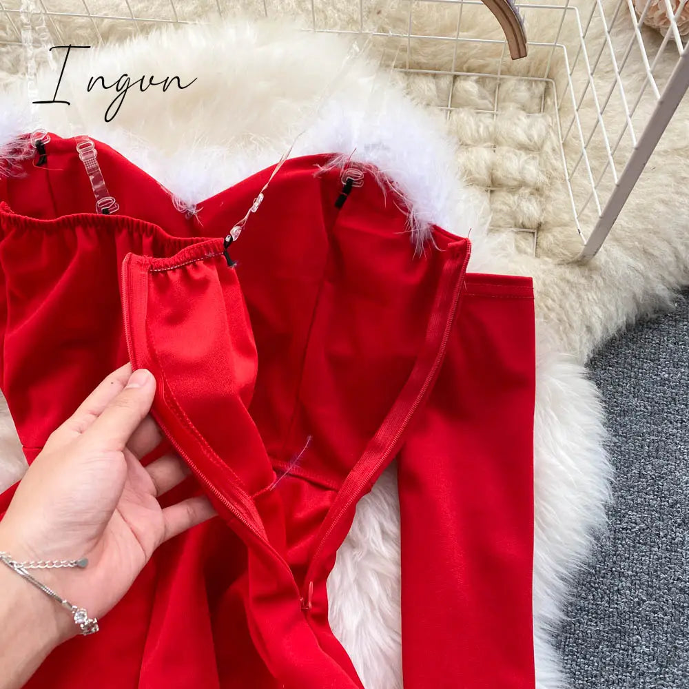 Ingvn - Gifts For Women Elegant Dress For New Year Strapless Backless Furry Sexy Short Mini Christmas Dress Navidad Red Party Dress Femme