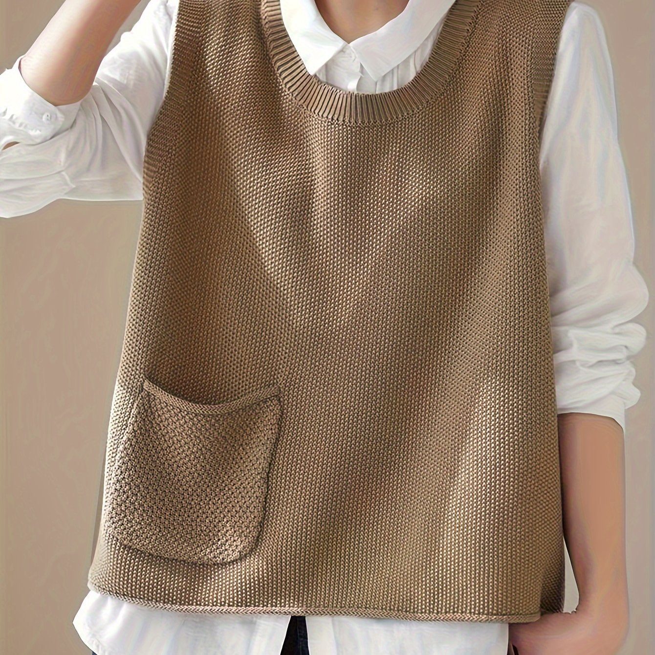 Women's Crew Neck Knit Vest - Casual Sleeveless Spring/Fall Sweater with Pocket, Easy-Care, Comfort Fit