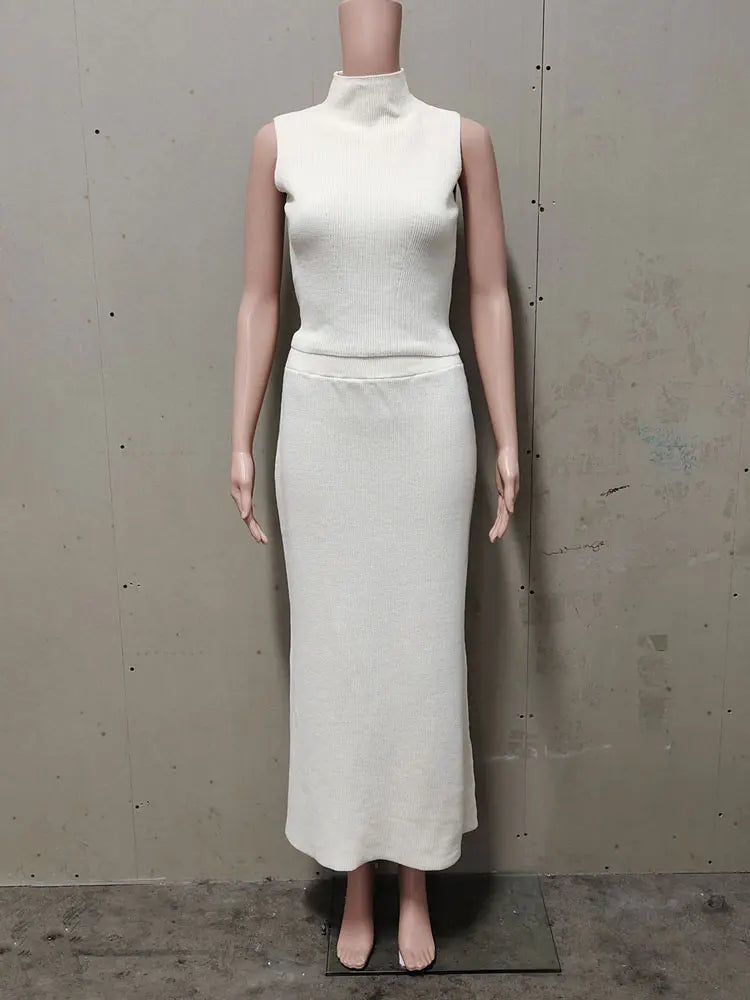 Elegant Knitwear 2 Piece-Set Long Dress Female Ribbed Sweater Pullover And Loose Patchwork Maxi Skirt Sets Ladies Outfits