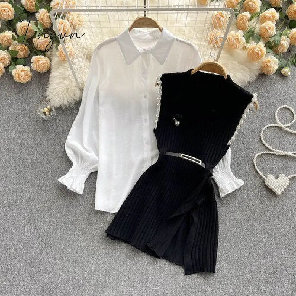 Ingvn - Spring Outfits Women Sleeve White Shirt Fashion Two Piece Suit Red Cotton Sweater Vest Lady Casual Preppy Style White Belt