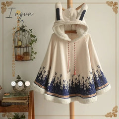 Ingvn - Lolita Cloak Harajuku Hoody Cloak Japanese Angry Cat Christmas Deer Fleece Cape Loose Pullover Batwing Sleeve Hoodie Coat