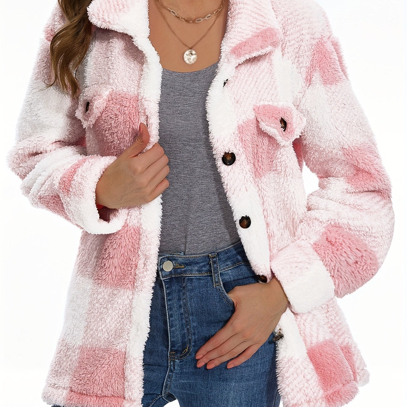 Stylish Plaid Teddy Coat - Women's Casual Jackets with Long Sleeves, Thermal Insulation, and Versatile Button Front Design for Winter Outwear - Soft, Warm, and Cozy