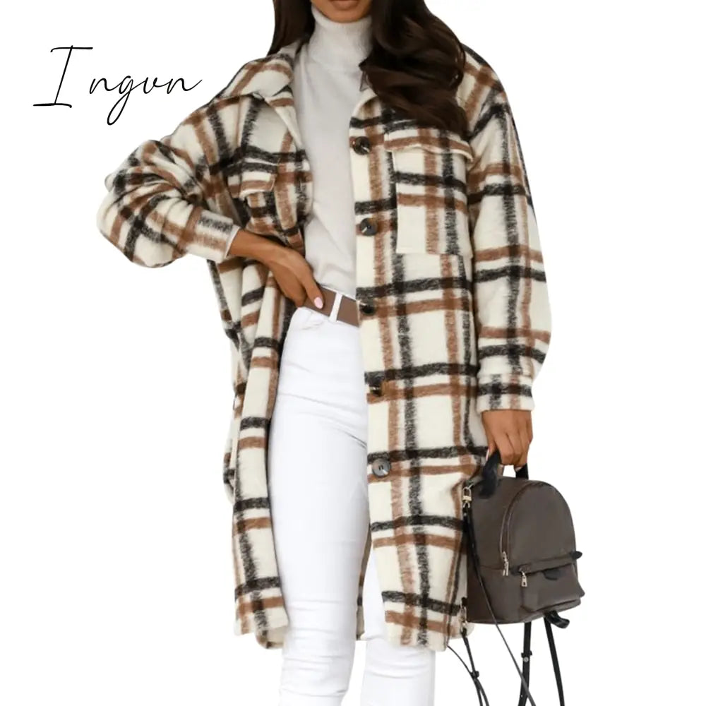 Ingvn - Lapel Single-breasted Double-pocket Plaid Coat