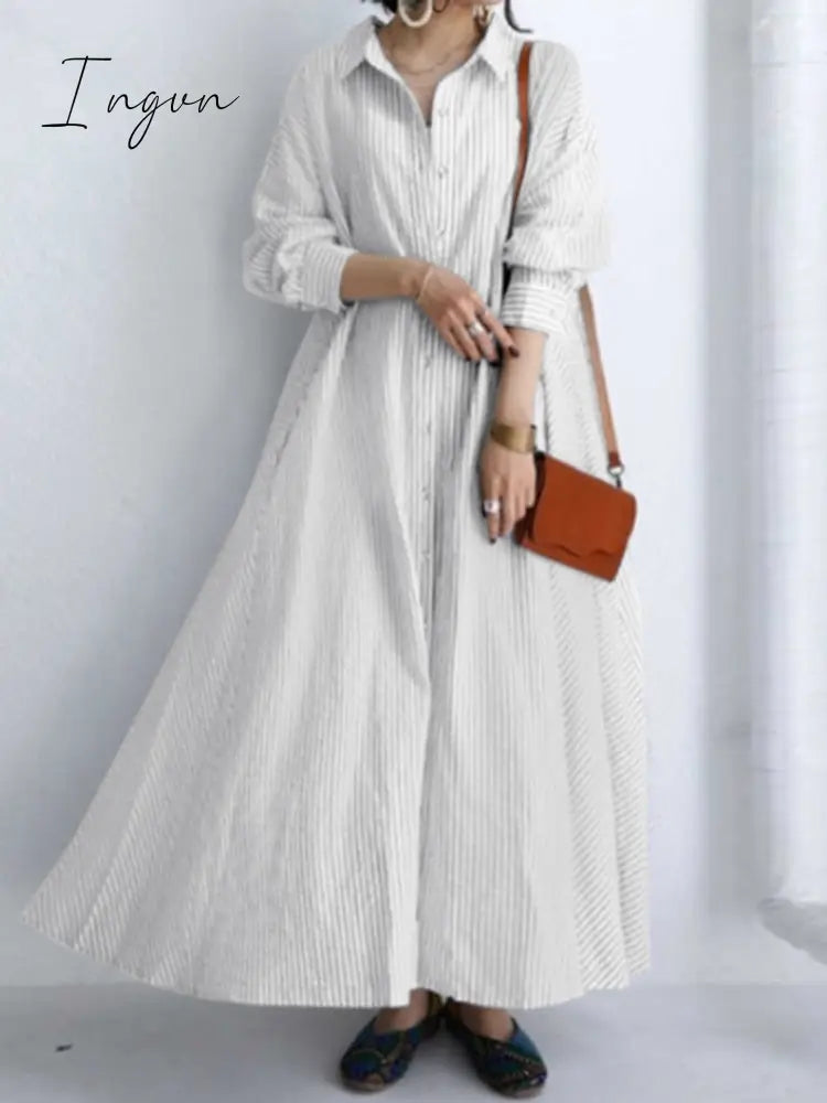Ingvn - Summer New Dress Fashion Cotton Linen Striped Cardigan Loose Large Casual Temperament Commuter Irregular Women's Long Dress tops