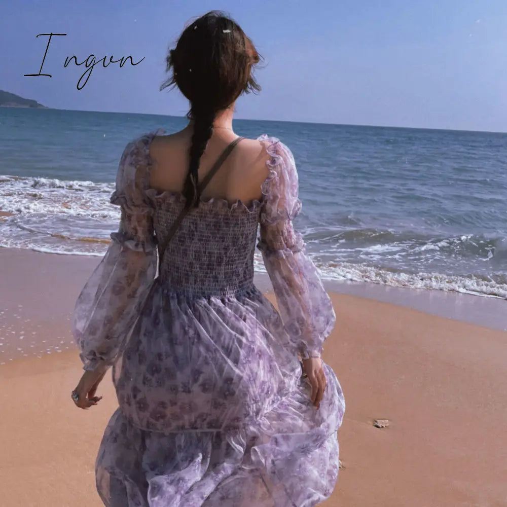 Ingvn - Summer Lace Elegant Midi Dress Women Puff Sleeve Square Collar Boho Beach Floral Dress Female Party One Piece Dress Korean