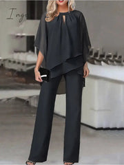 Ingvn - Jumpsuits for Women Summer Dressy Solid Color Round Neck Elegant Daily Vacation Straight Regular Fit Half Sleeve Navy Blue 3XL Spring Fall