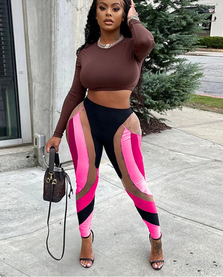 Mesh Patchwork Print Leggings Women Hipster Y2K Stitching Color Match Sheath Pants High Waist Body-Shaping High Streetwear