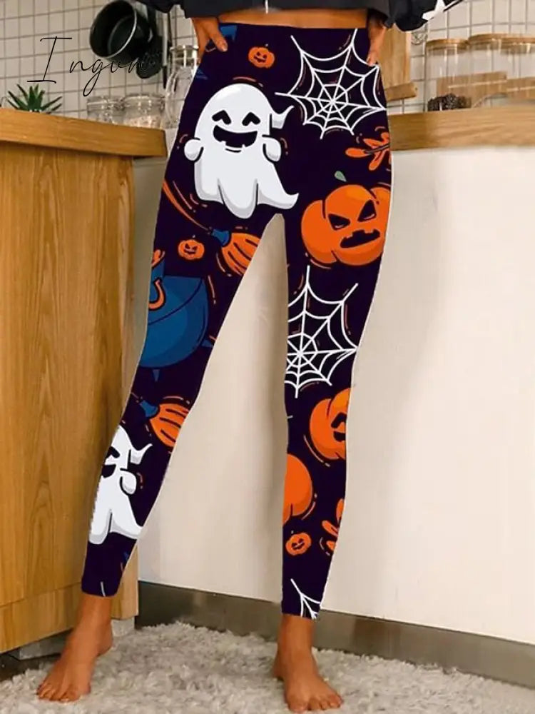 Ingvn - Women's Tights Leggings Full Length Print Micro-elastic Mid Waist Fashion Halloween Weekend Black White S M Summer Spring &  Fall