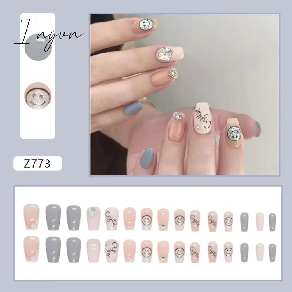 24pcs/Box Gradient Nail Art Patches False Nails Short Square Nail Blue Starry Glitter Teardrop Diamond Fake Nail Tips