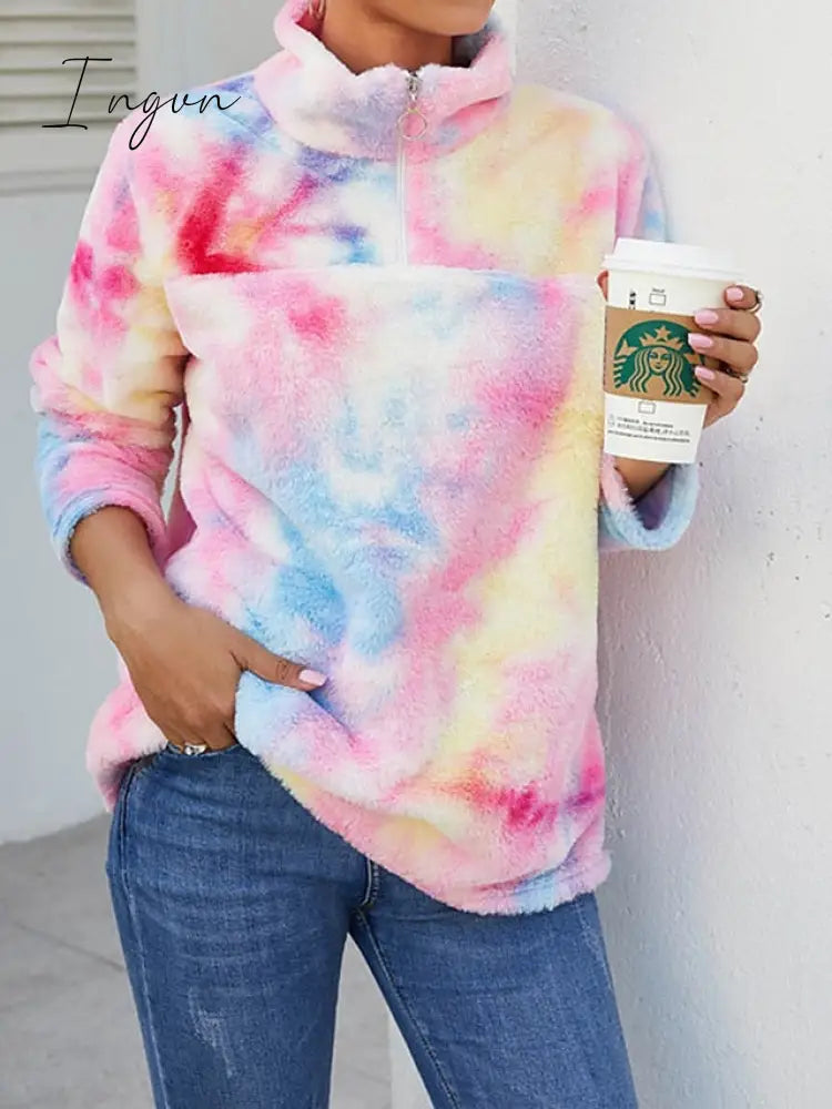 Ingvn - Women's Sweatshirt Pullover Fuzzy Teddy Yellow Pink Tie Dye Casual V Neck Long Sleeve Fleece Top Micro-elastic Fall & Winter