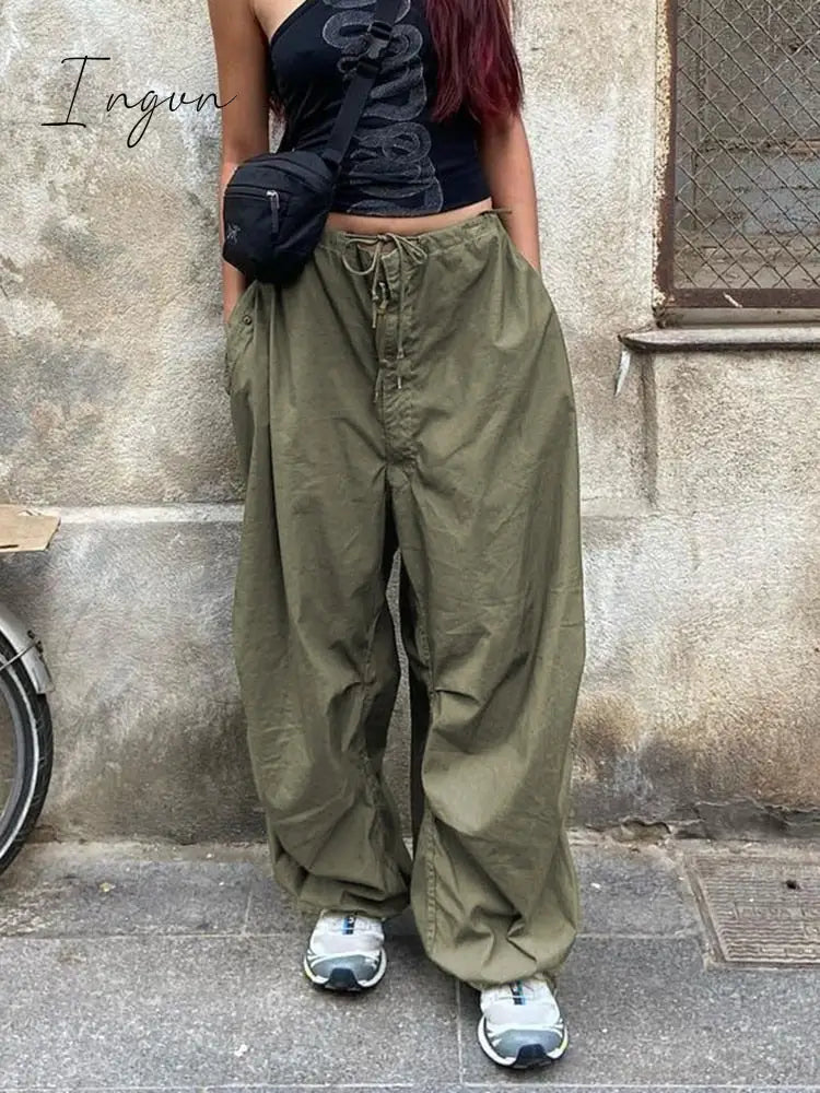 Ingvn - Casual Baggy Wide Leg Sweatpants White Loose Drawstring Low Waist Streetwear Cargo Pants Womens Hippie Joggers Trousers