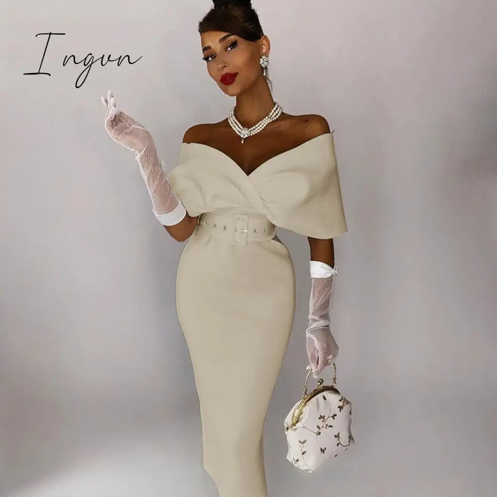 Ingvn - Women Sexy Elegant Off The Shoulder Dresses Autumn Summer Vintage Streetwear Club Party Female V-Neck Dress With A Belt
