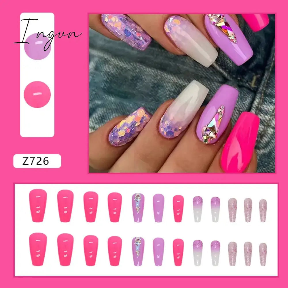 24pcs/Box Gradient Nail Art Patches False Nails Short Square Nail Blue Starry Glitter Teardrop Diamond Fake Nail Tips