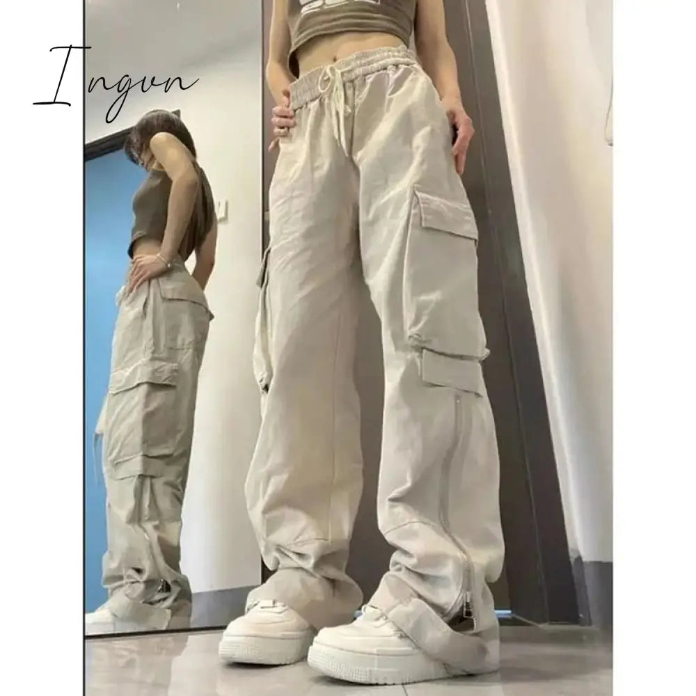 Ingvn - American Y2K White Vintage Cargo Jeans Fashion Pocket High Waist Straight Pants High Street Baggy Wide Leg Denim Trouser Ladies