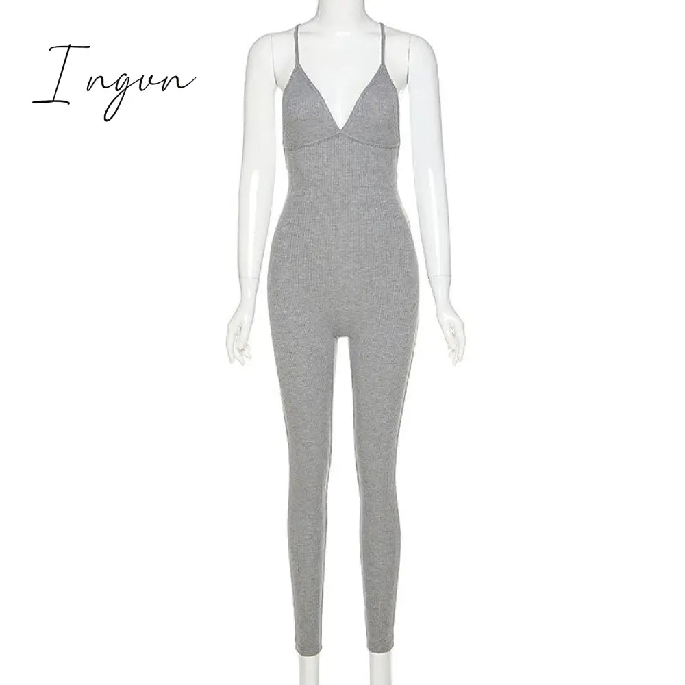 Ingvn - v-neck skinny sexy jumpsuit women summer hollow out partywear halter sleeveless streetwear outfit fitness backless