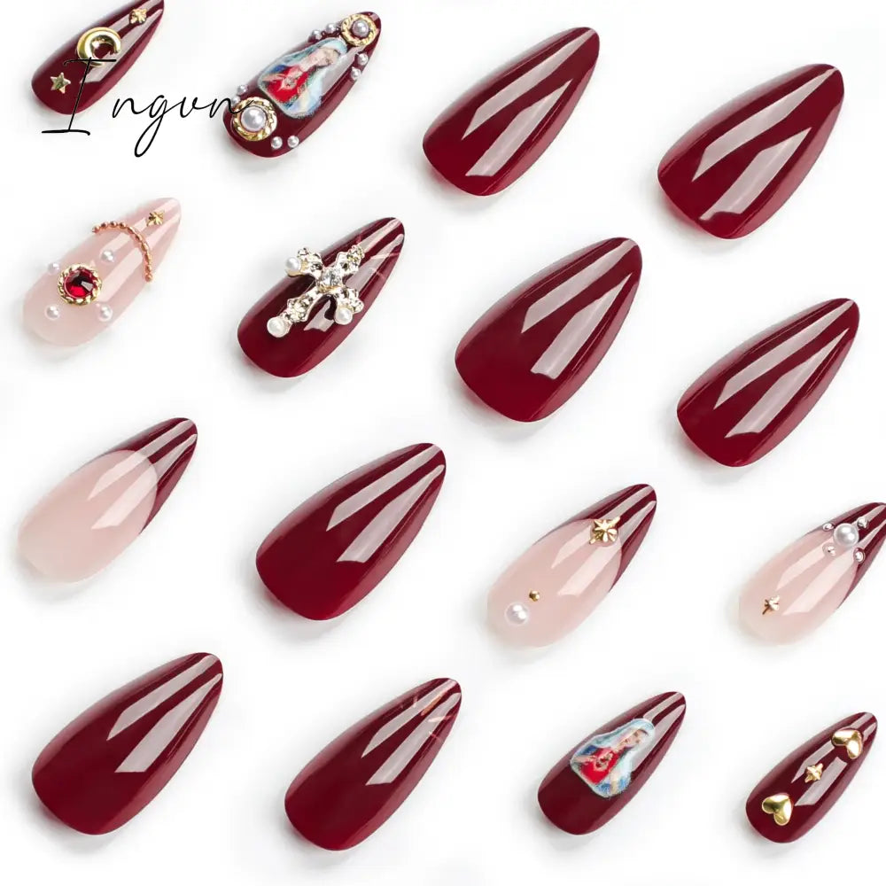 2024 New Ramadan Style False Nails with Gold Moon Star Design Almond Red French Fake Nail Patch Full Cover Detachable Manicure