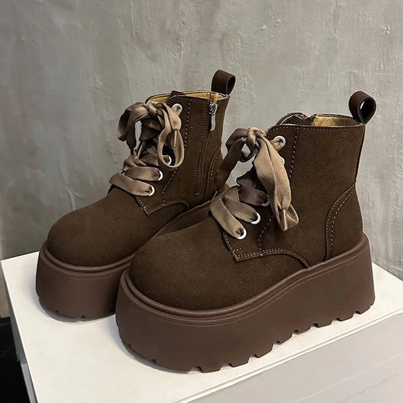 Ingvn  Winter Platform Heel Women Ankle Boots Fashion Lace Up Knight Short Booties Designer Botas De Mujer