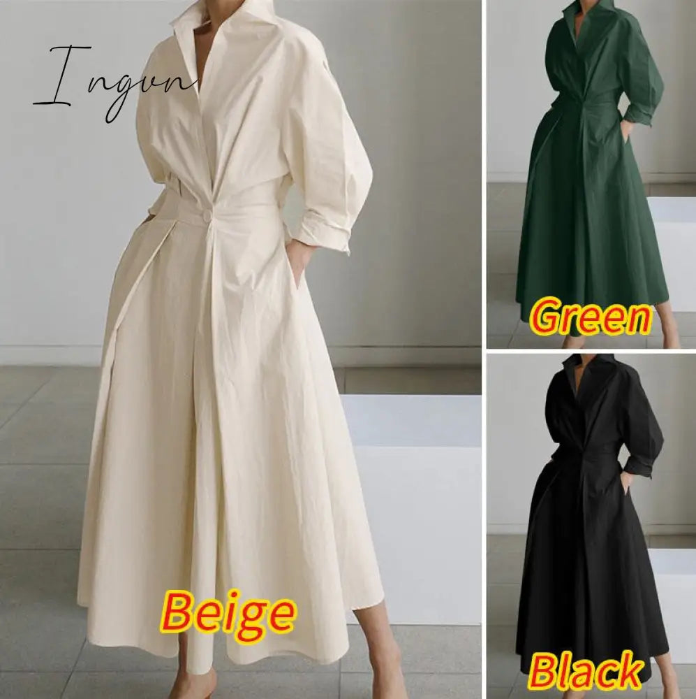 Ingvn - Elegant Women Spring Autumn Sundress Fashion Lapel Neck Long Sleeve Solid Long Shirt Dress OL Vestidos Robe Femme 5XL Long Dress