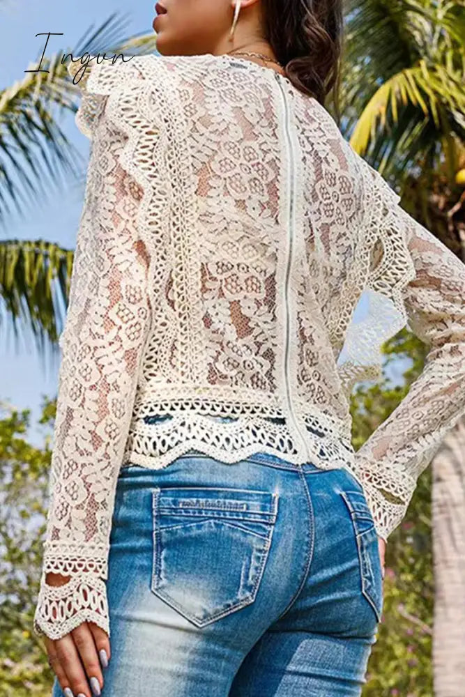 Ingvn - Sexy Solid Lace Zipper O Neck Tops