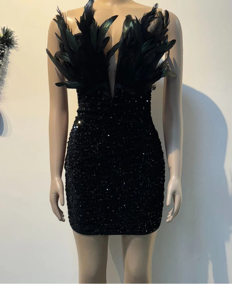 Luxury Birthday Women’s Feathers Sequin Strapless Deep V-neck Black Bodycon Mini Dresses Sexy Club Party Night Prom Robe