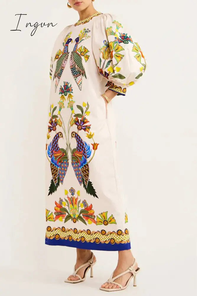 Ingvn - Casual Bohemian Print Patchwork O Neck One Step Skirt Dresses