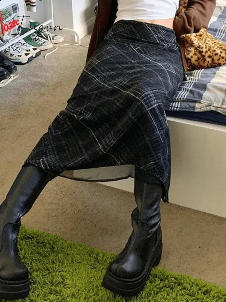 Ingvn - Layered Checked Midi Skirt
