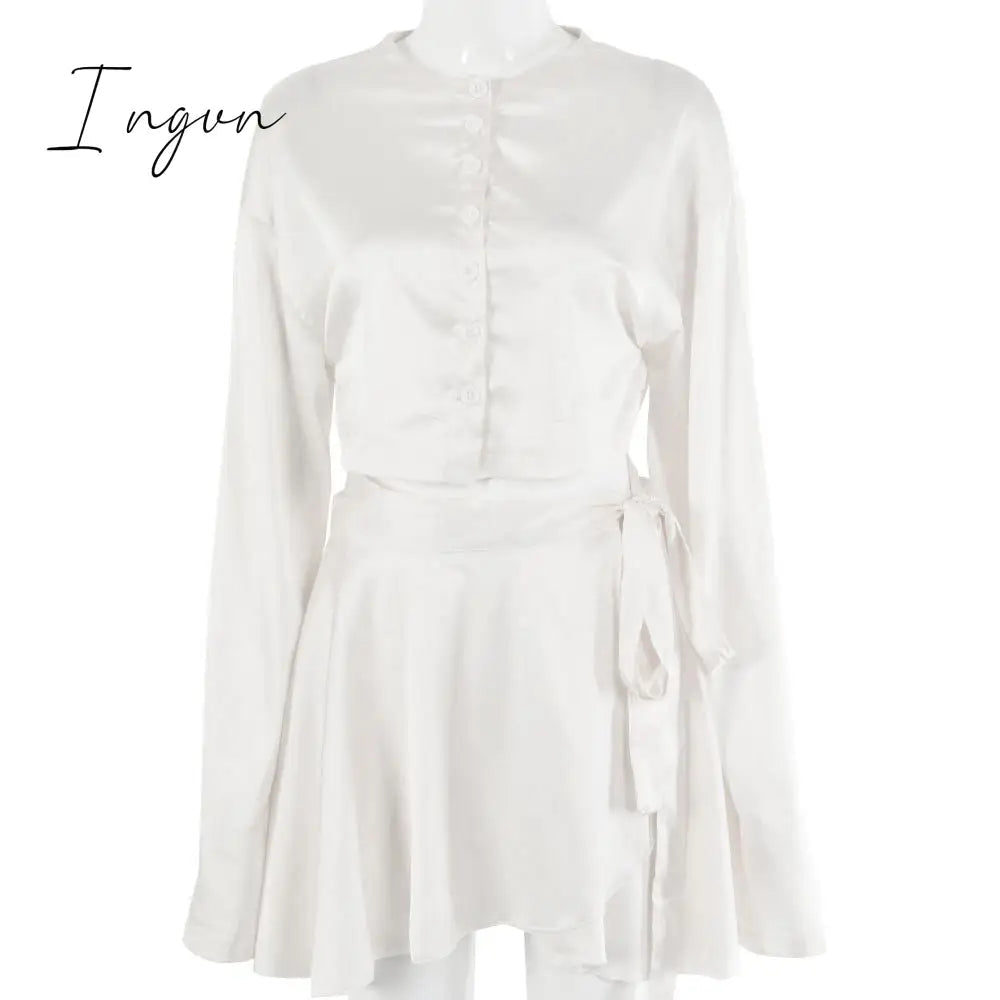 Ingvn - Casual Satin Two Piece Dress Set For Women White O-neck Button Top Bandage Mini Pencil Skirts Outfits Fashion Party Suit