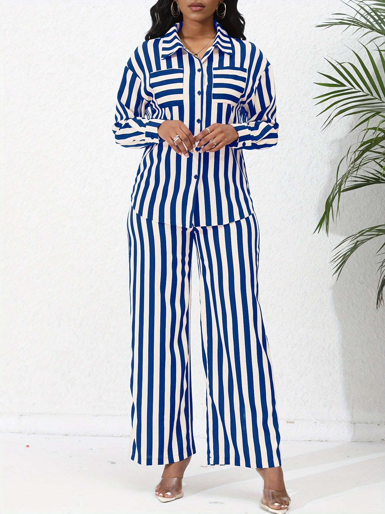 Chic Striped Print Two-Piece Outfit Set - Comfortable Button-Down Shirt & Flowy Wide Leg Pants - Casual Everyday Wear for Women
