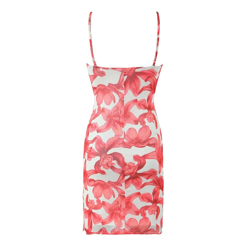 Sexy Women Floral Print Sling Mesh Dresses Thin Straps Skinny Slim Waist Hem Slit Bodycon Mini Dress Summer Robe