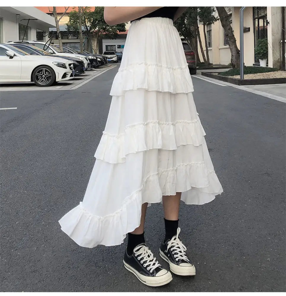 Ingvn - Midi Long Skirts Womens Maxi Skirt Goth Lolita Summer High Waisted Asymmetrical High Low Ruched Ruffle Skirts rok