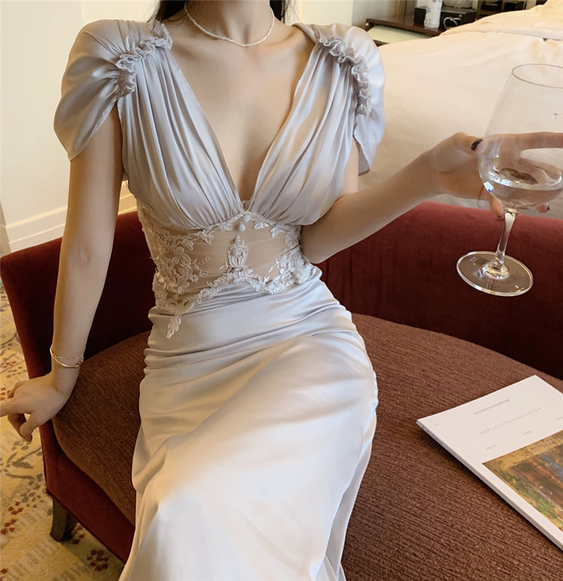 New Dresses High Waist Elegant Lady Vintage Chic Sexy Lace Petal Sleeve Women Summer Fashion Long Evening Dress