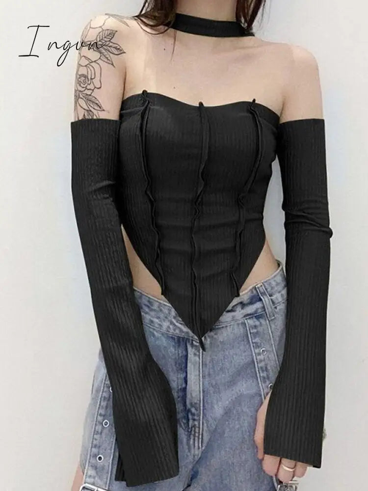 Ingvn - Y2K Top Women Long Sleeve T-Shirts 2 Piece Tops Halter Tanks Backless Crop Top Off Shoulder Tees Sexy Christmas Clothes