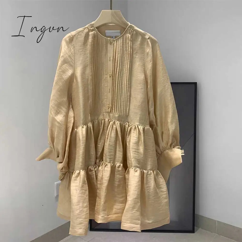 Ingvn - pleating women dress long sleeve spring autumn dress fashion ladies dress pockets mini sexy dress women