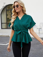 Ingvn - Neck Short Sleeve Front Tie Ruffle Hem Blouse