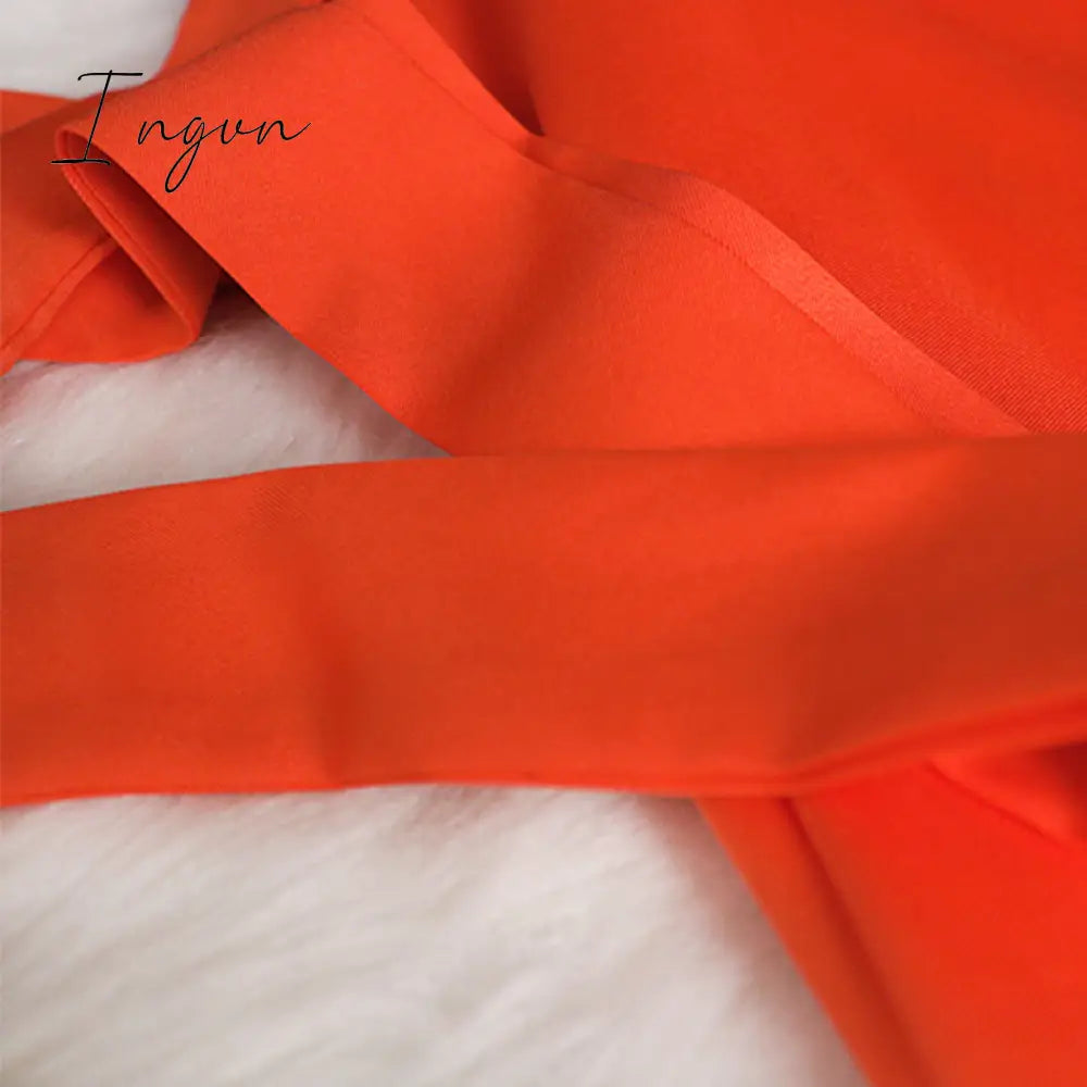 Ingvn - Women Dress Bare Shoulder Waist Belt Long A Line Pleated Orange Casual Fashion Female Ladies Elegant New Autumn Summer Robes