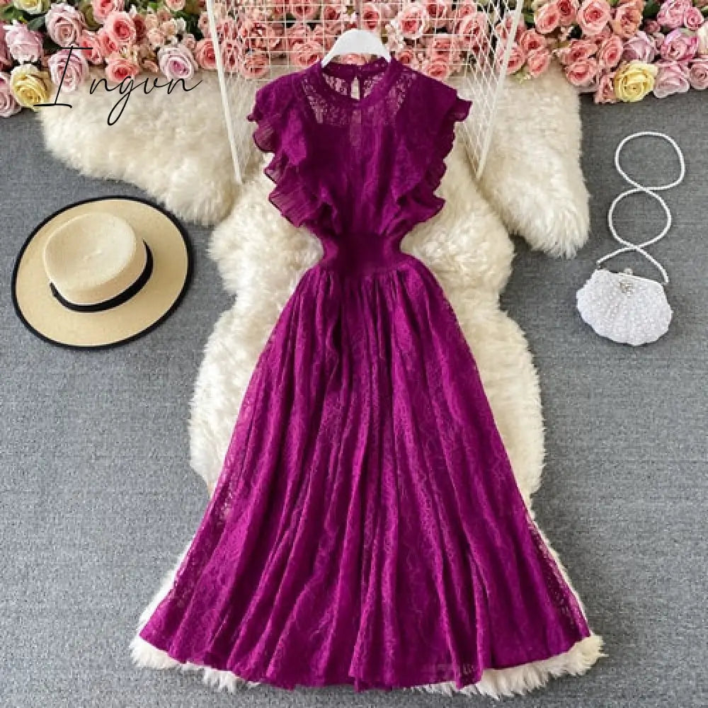 Ingvn - Vintage Purple/Green/Red Lace Midi Dress Women Sweet Round Neck Ruffle Vestidos Female High Waist Slim Robe Spring Autumn