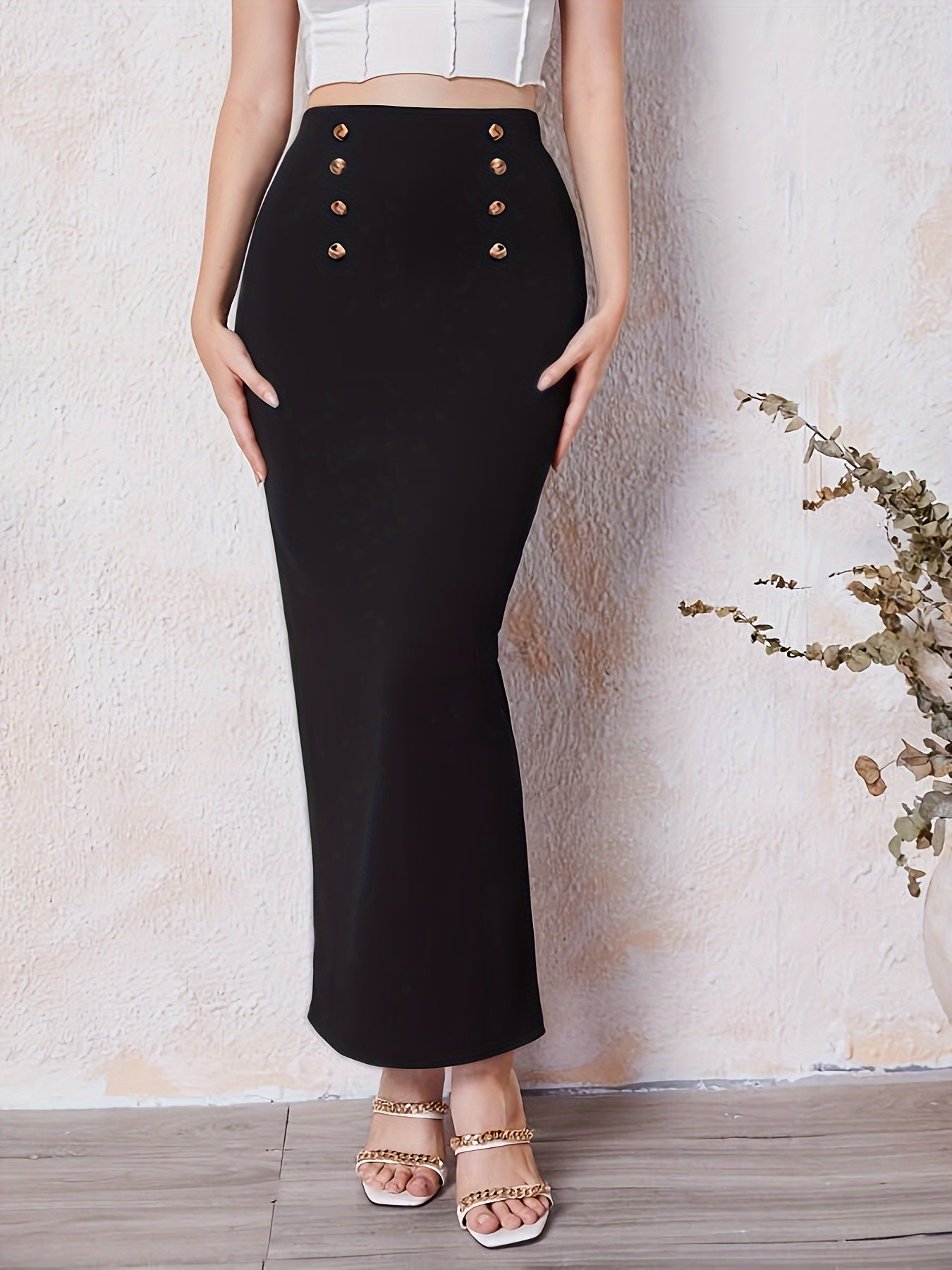 Double Breasted Split Back Skirt, Elegant Solid Bodycon Maxi Skirt, Women's Clothing