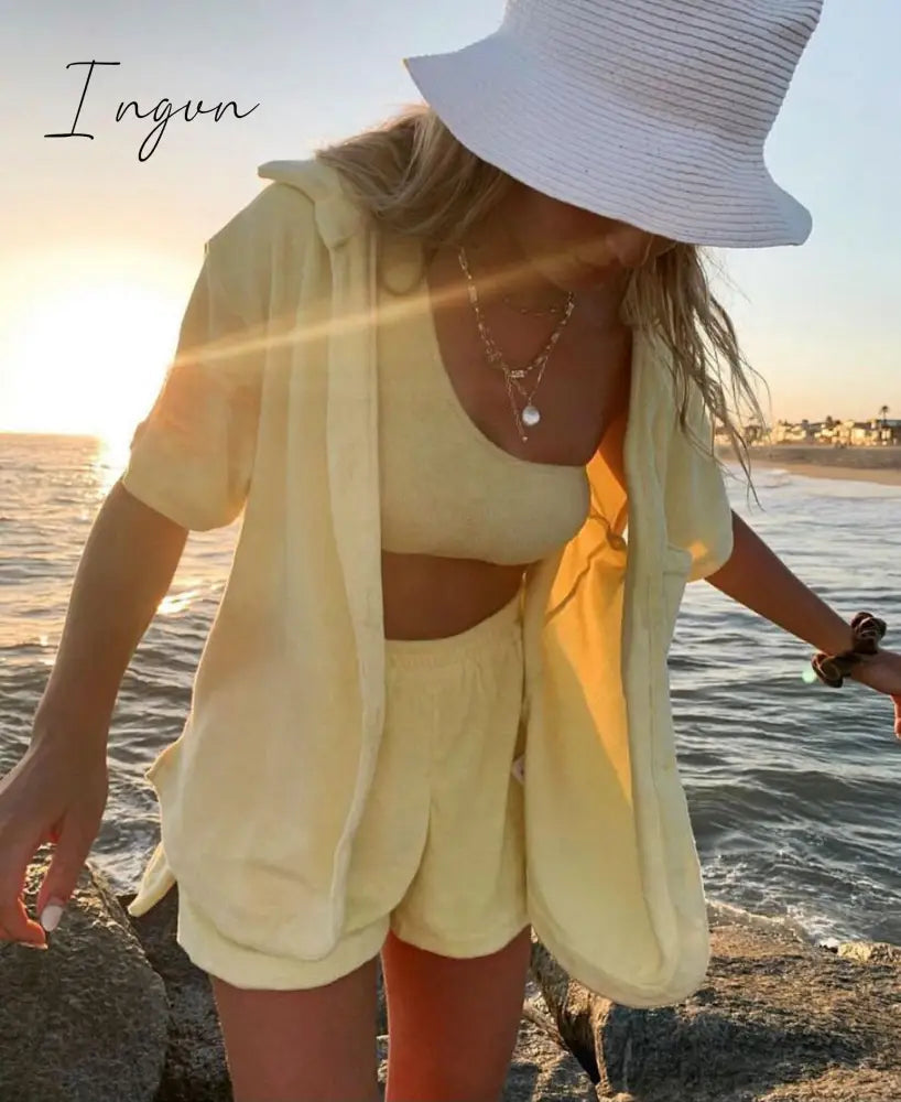 Ingvn - Velvet Beach Two Piece Set Women Tracksuit Loungewear Casual Cardigan Top Summer Outfits Workout Woman Shorts Sets