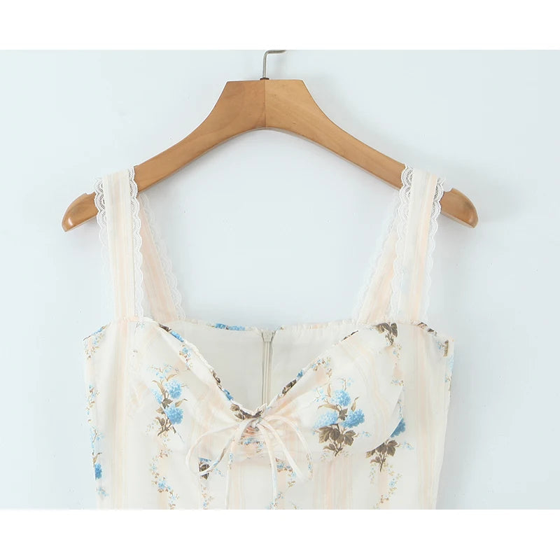 New Fashion Women Floral Print A-line Midi Elegant Party Dresses Sexy Wide Straps Lace Spliced Holiday Summer Dress