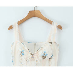 New Fashion Women Floral Print A-line Midi Elegant Party Dresses Sexy Wide Straps Lace Spliced Holiday Summer Dress