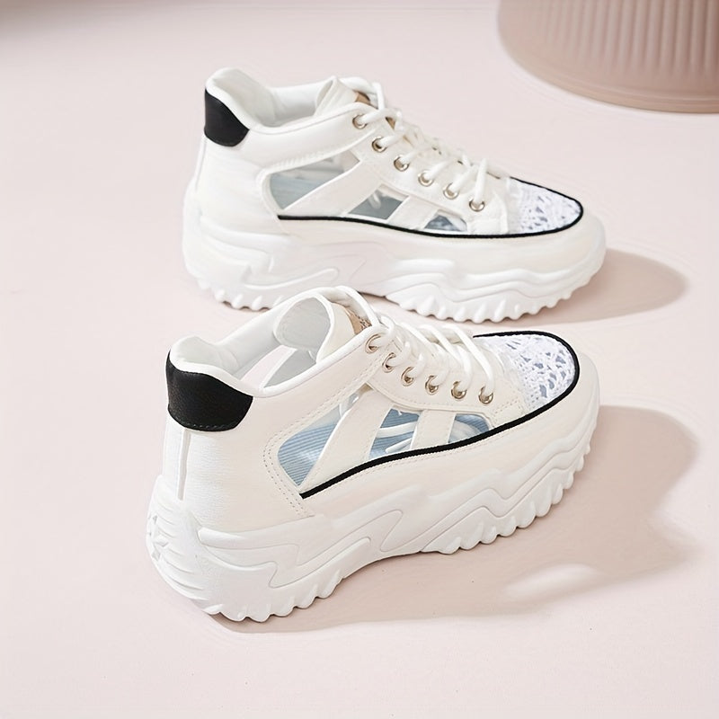Fashionable Womens Platform Sneakers - Breathable Hollow Out Design - Lightweight Summer Shoes for Stylish Outdoor Adventures - Versatile Lace-Up High Tops for All-Day Comfort